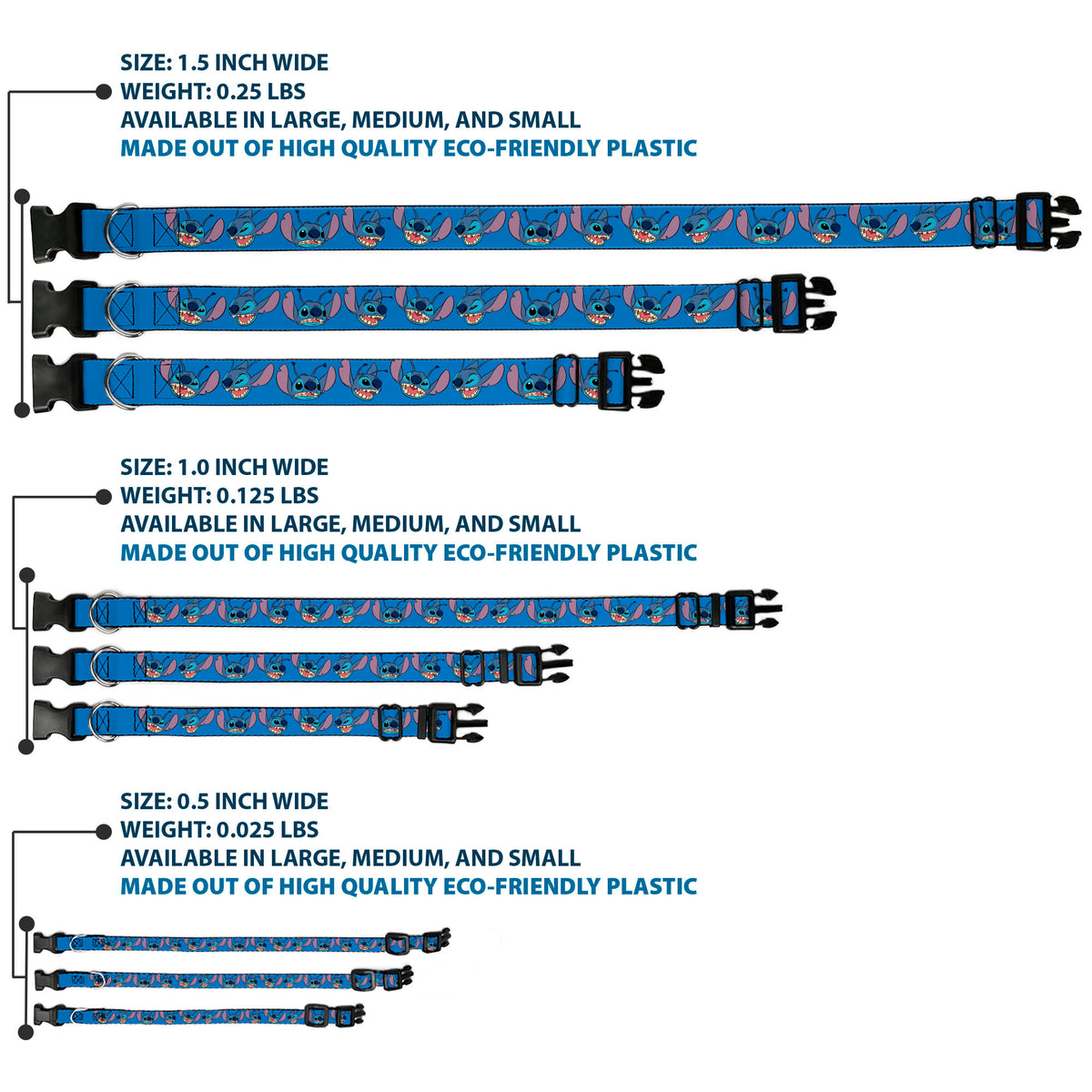 Plastic Clip Collar - Lilo and Stitch Stitch Expressions Blue Dog Collars Plastic Clip Side Release Disney