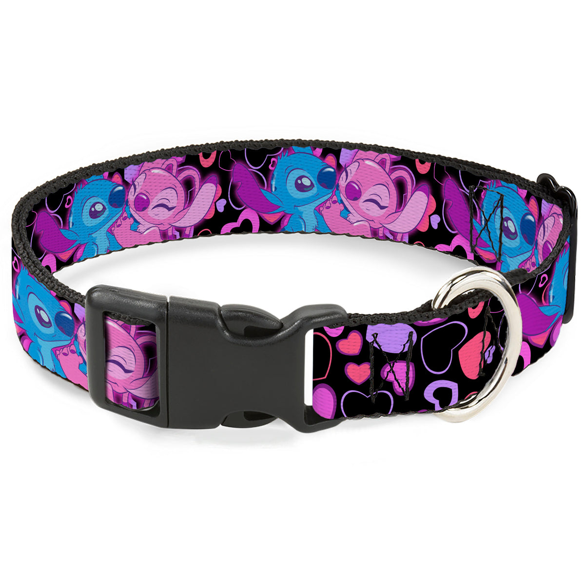 Plastic Clip Collar - Stitch and Angel Hugging Pose Black Dog Collars Plastic Clip Side Release Disney