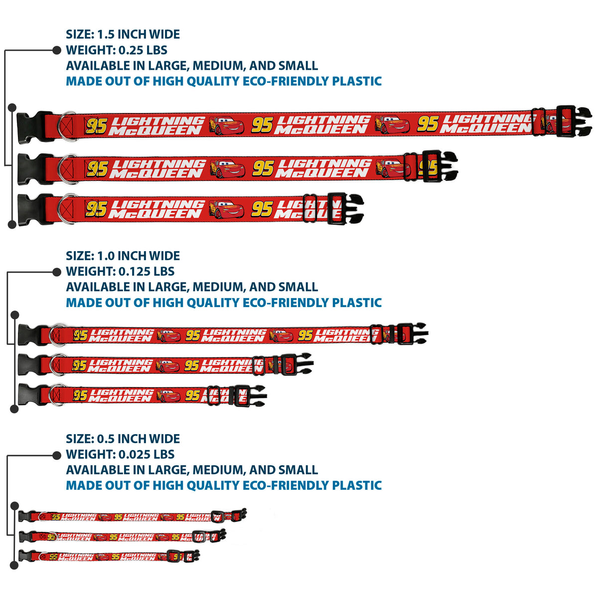 Plastic Clip Collar - Cars 95 LIGHTNING MCQUEEN Text and Pose Red Dog Collars Plastic Clip Side Release Disney