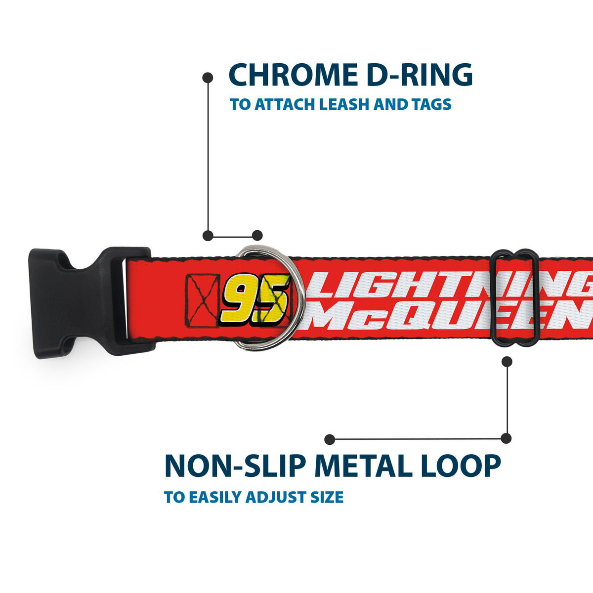 Plastic Clip Collar - Cars 95 LIGHTNING MCQUEEN Text and Pose Red Dog Collars Plastic Clip Side Release Disney