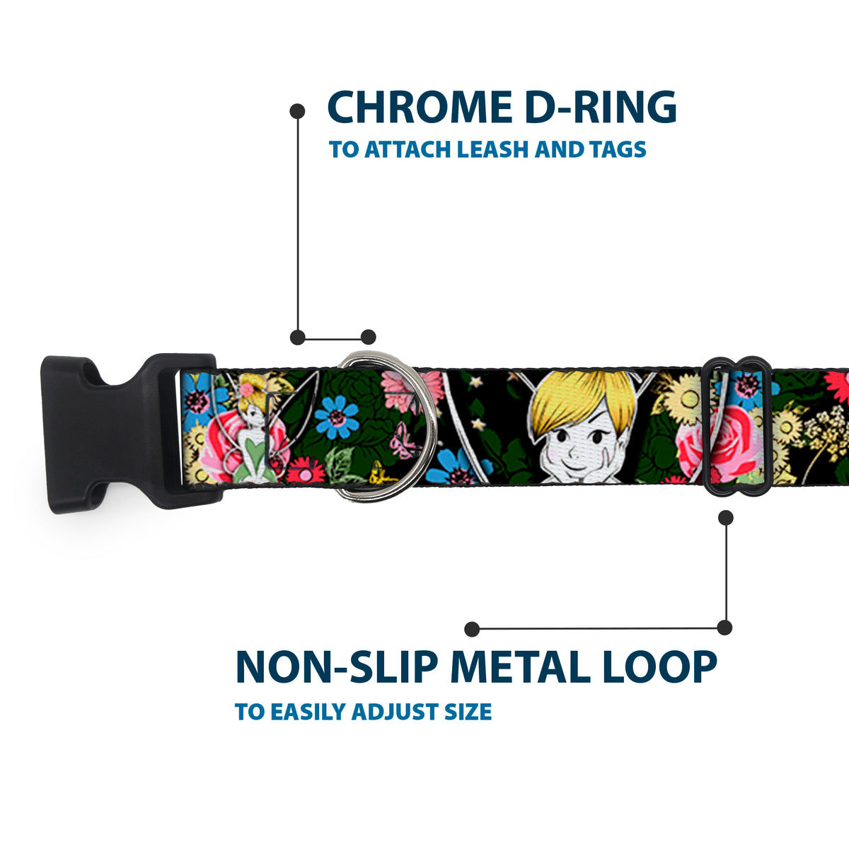 Plastic Clip Collar - Tinker Bell Poses/Sleeping Floral Collage Dog Collars Plastic Clip Side Release Disney