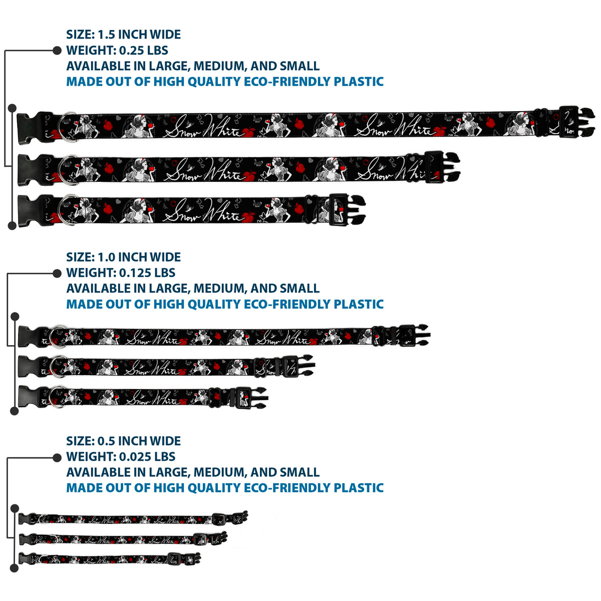 Plastic Clip Collar - SNOW WHITE Apple Poses/Butterflies Black/Gray/Red Dog Collars Plastic Clip Side Release Disney
