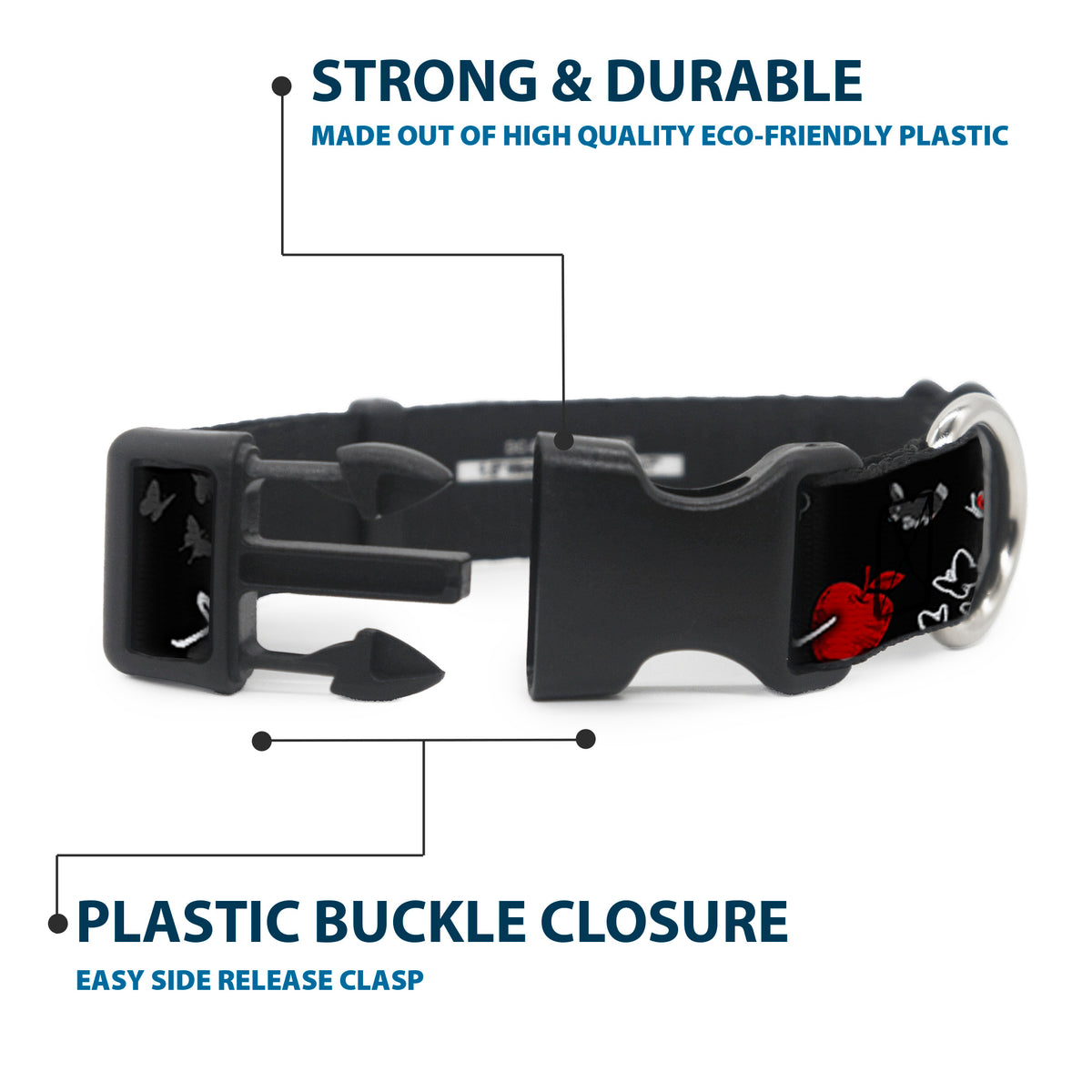 Plastic Clip Collar - SNOW WHITE Apple Poses/Butterflies Black/Gray/Red Dog Collars Plastic Clip Side Release Disney