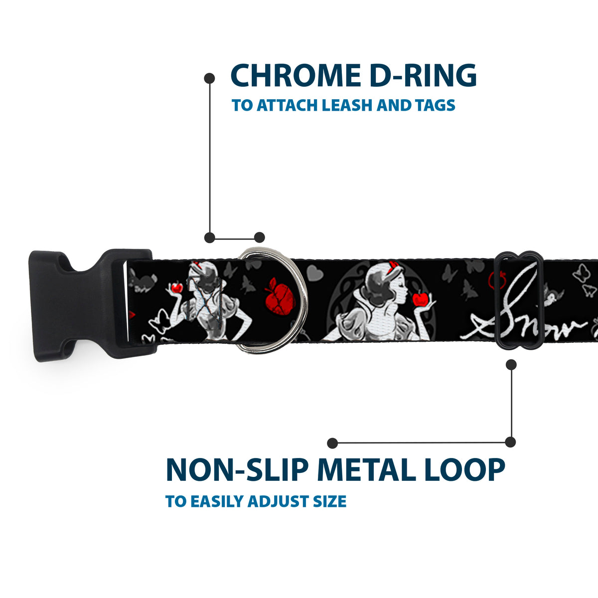 Plastic Clip Collar - SNOW WHITE Apple Poses/Butterflies Black/Gray/Red Dog Collars Plastic Clip Side Release Disney