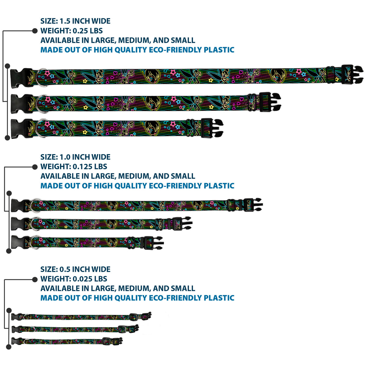 Plastic Clip Collar - Electric Tinkerbell Poses/Stripes Black/Multi Neon Dog Collars Plastic Clip Side Release Disney