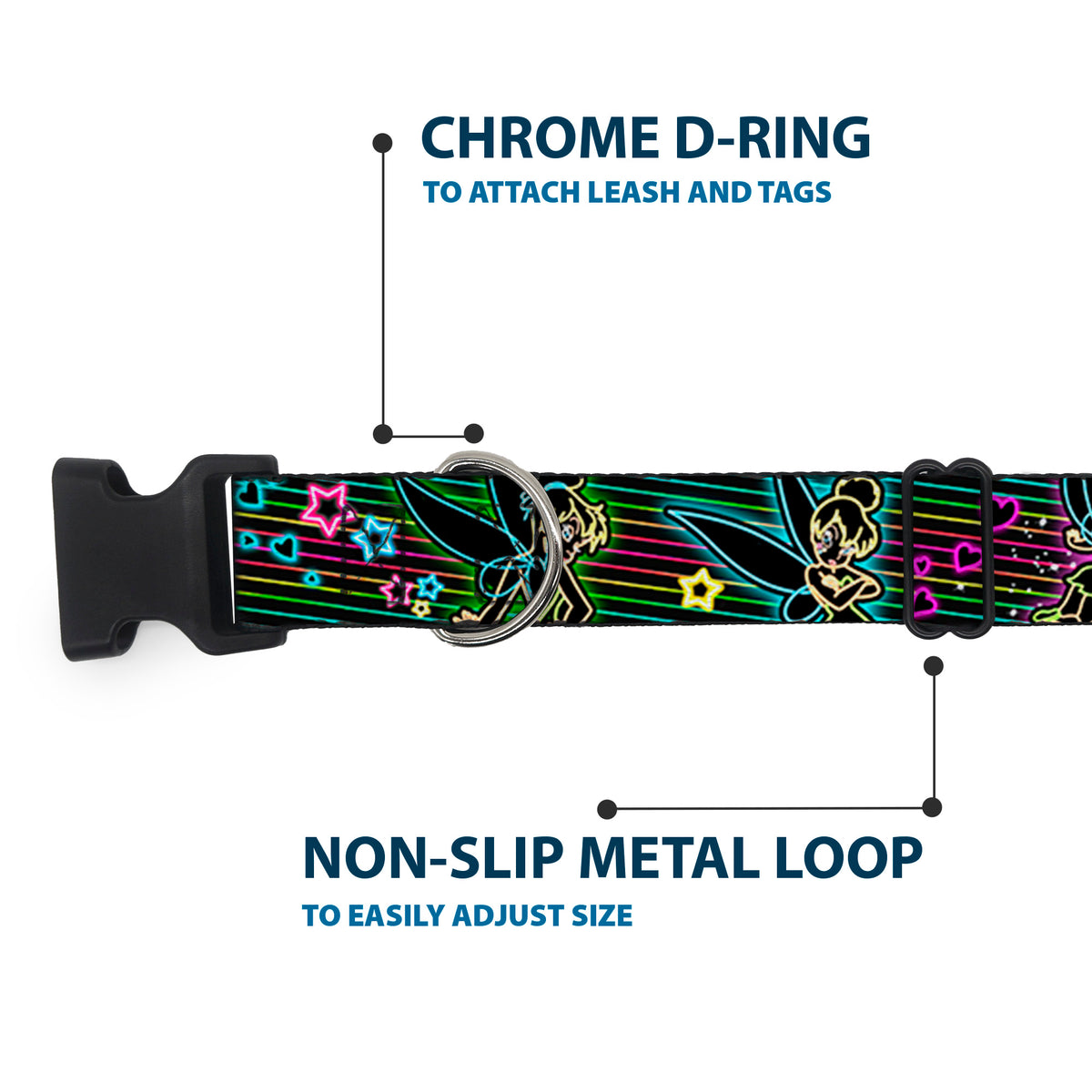 Plastic Clip Collar - Electric Tinkerbell Poses/Stripes Black/Multi Neon Dog Collars Plastic Clip Side Release Disney