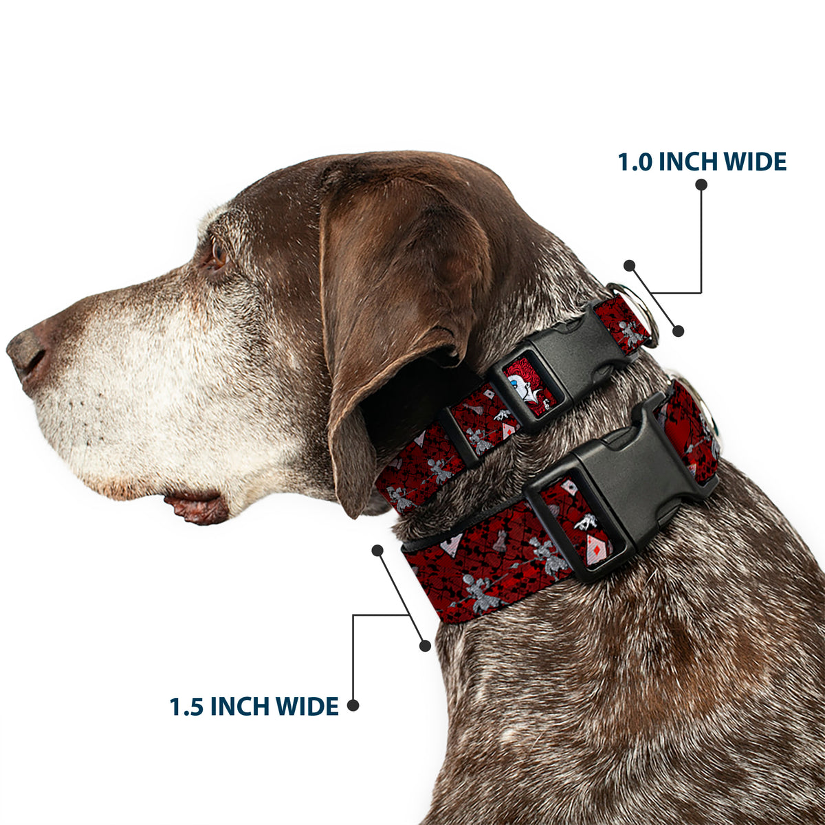 Plastic Clip Collar - Queen of Hearts Poses/Hearts/Cards Reds/Black Dog Collars Plastic Clip Side Release Disney