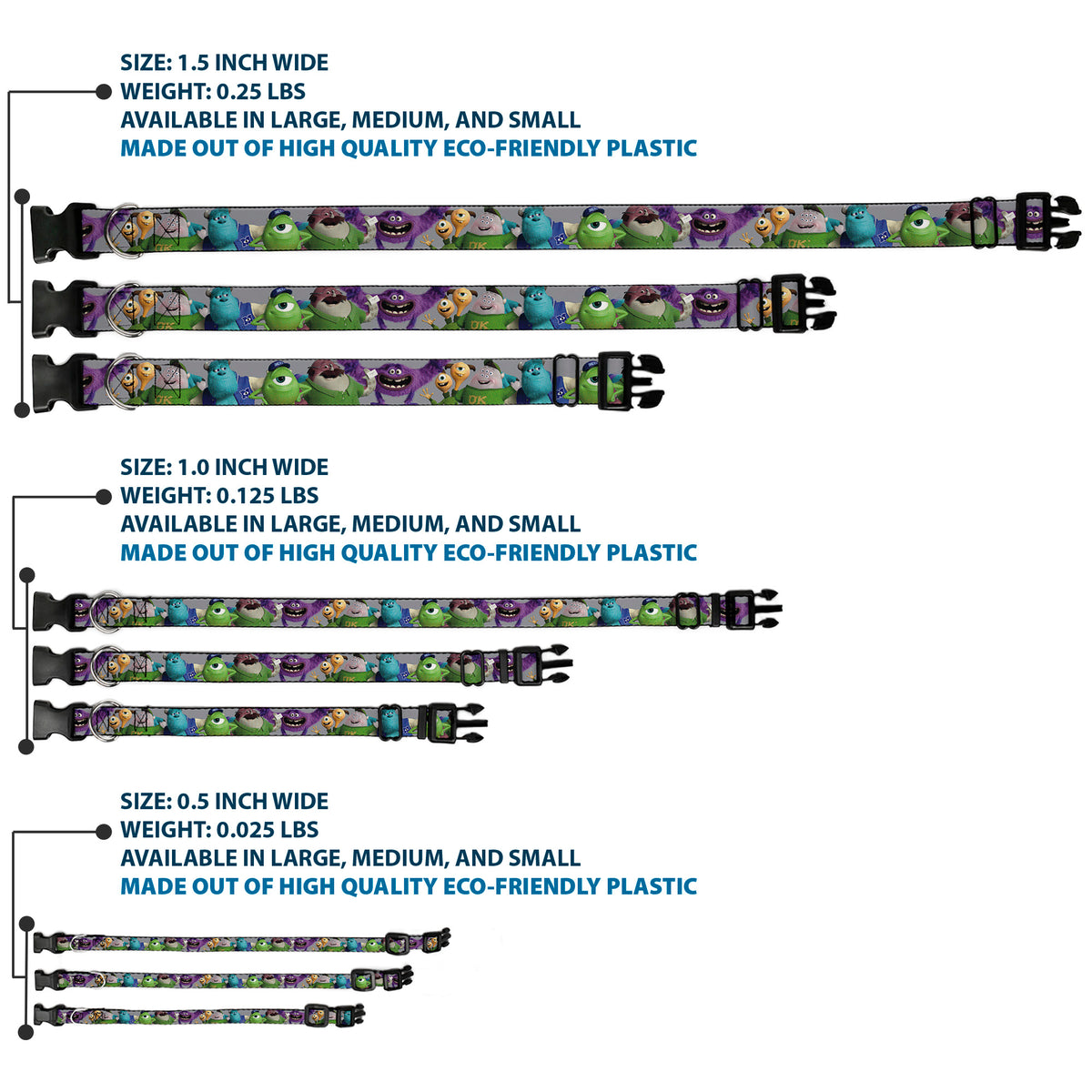 Plastic Clip Collar - Monsters University Character Lineup Gray Dog Collars Plastic Clip Side Release Disney