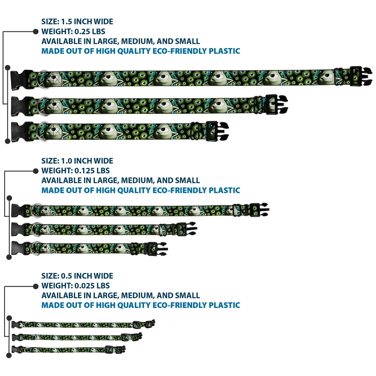 Plastic Clip Collar - Mike Poses/Eyeballs Black/Greens Dog Collars Plastic Clip Side Release Disney