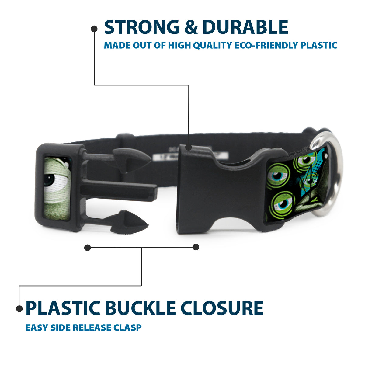 Plastic Clip Collar - Mike Poses/Eyeballs Black/Greens Dog Collars Plastic Clip Side Release Disney