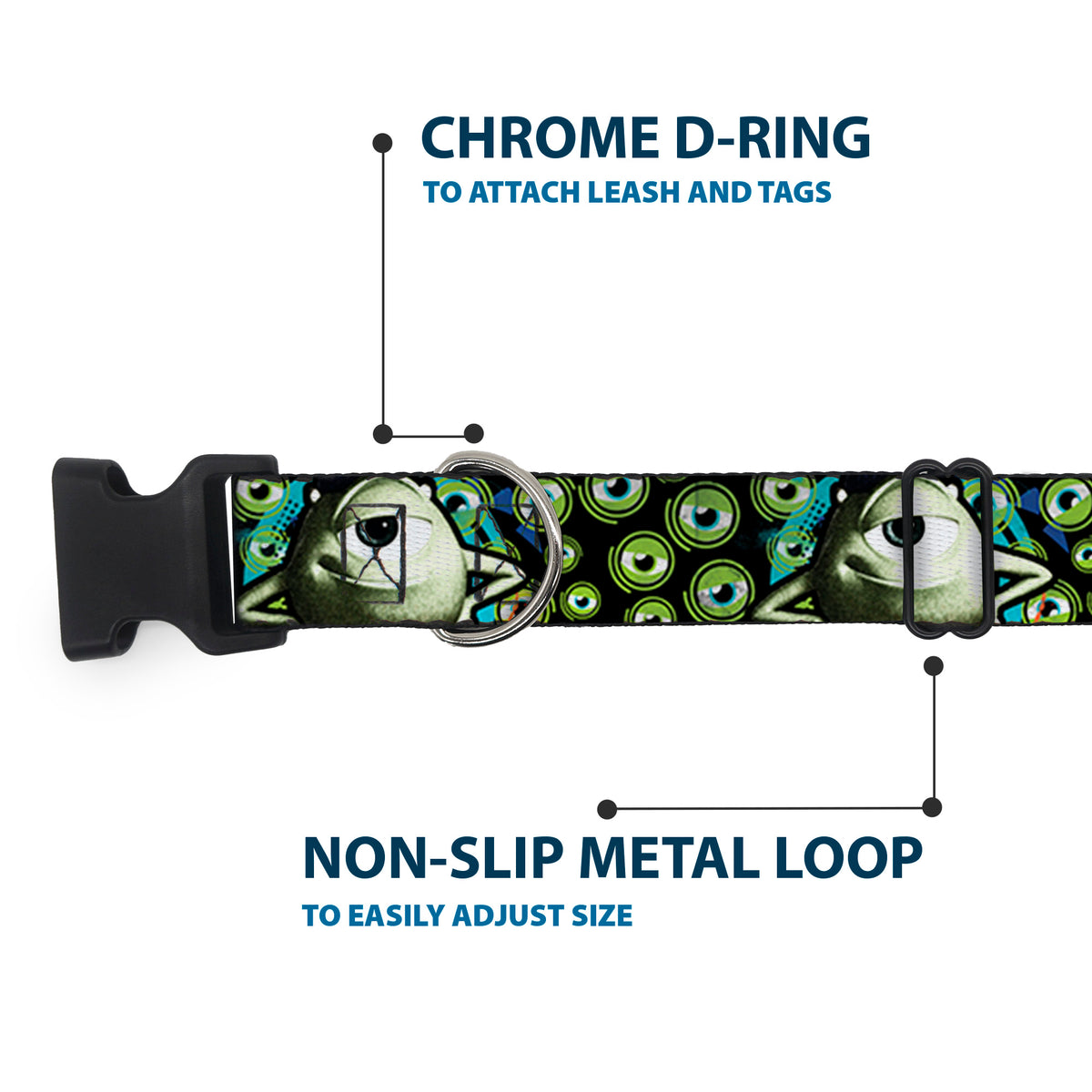 Plastic Clip Collar - Mike Poses/Eyeballs Black/Greens Dog Collars Plastic Clip Side Release Disney