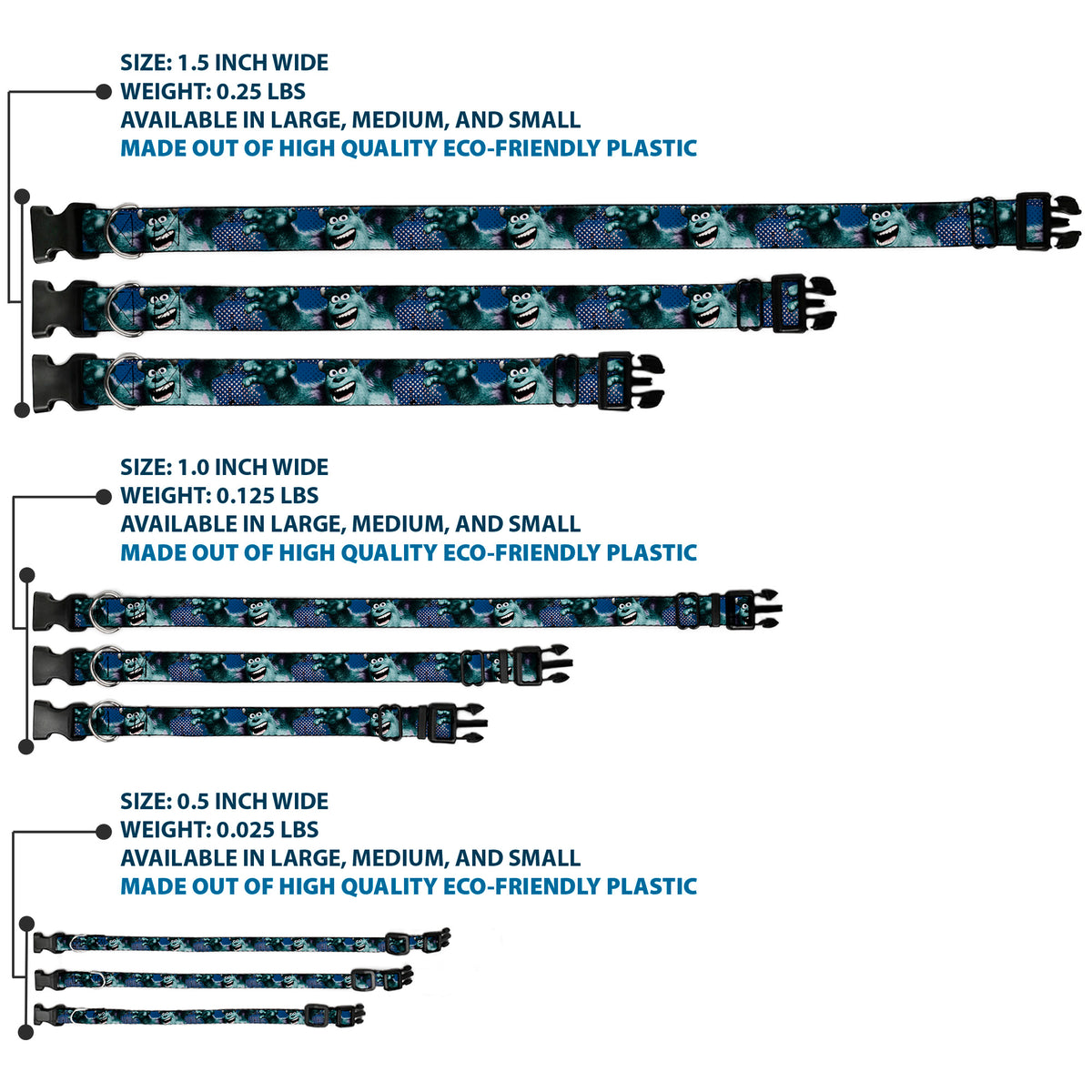 Plastic Clip Collar - Sulley Scare Pose/Dots Blues/White Dog Collars Plastic Clip Side Release Disney