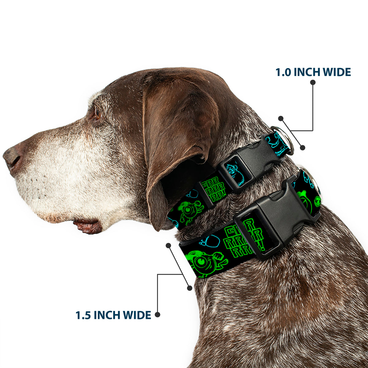 Plastic Clip Collar - Monsters Inc. Sully & Mike Poses/GRRRRR! Black/Turquoise/Green Dog Collars Plastic Clip Side Release Disney
