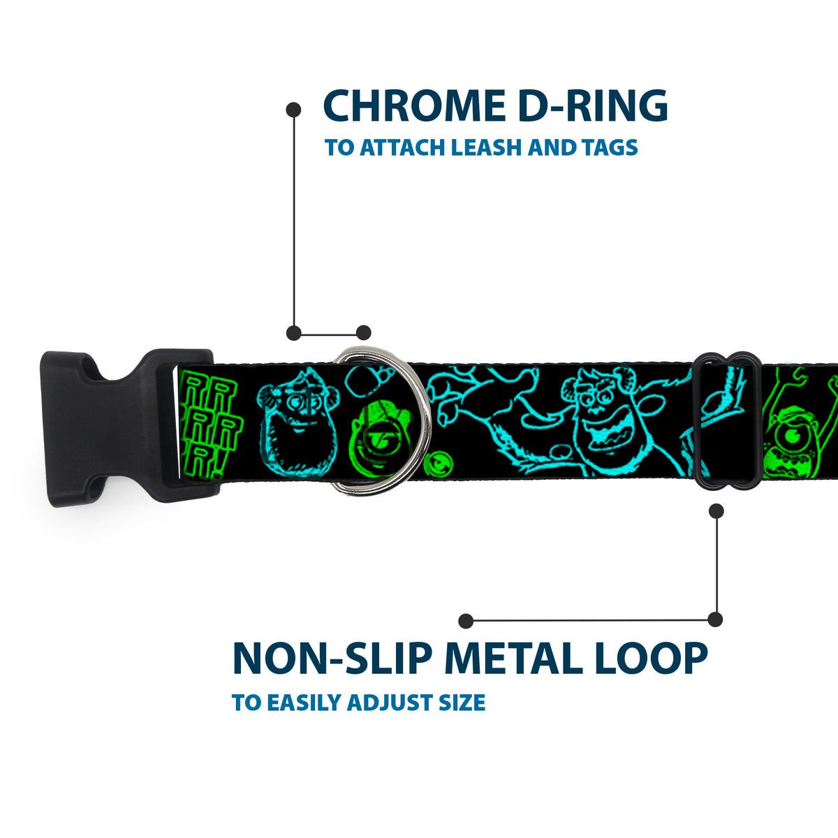 Plastic Clip Collar - Monsters Inc. Sully & Mike Poses/GRRRRR! Black/Turquoise/Green Dog Collars Plastic Clip Side Release Disney