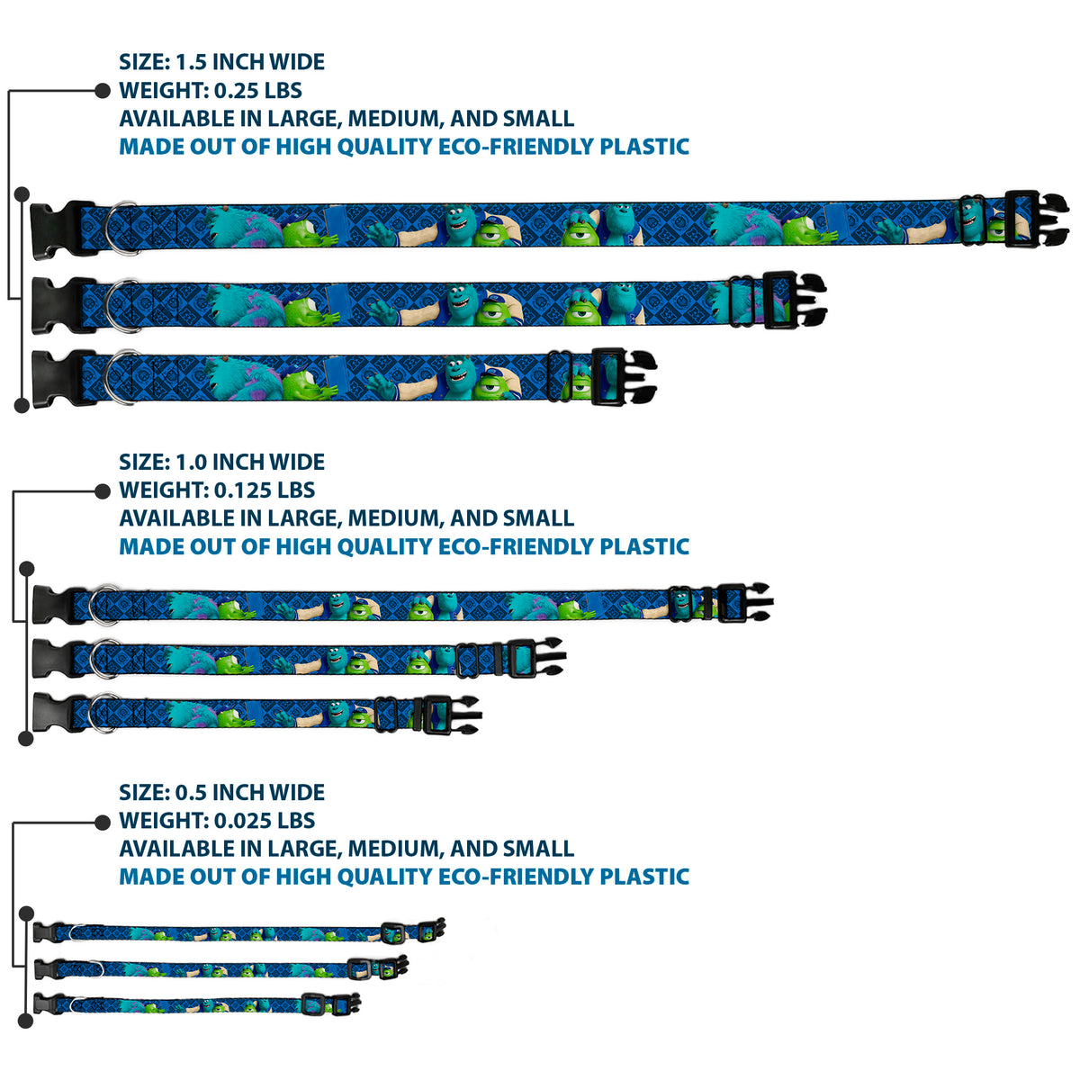 Plastic Clip Collar - Monsters University Sulley & Mike Poses/Checkers Blue Dog Collars Plastic Clip Side Release Disney