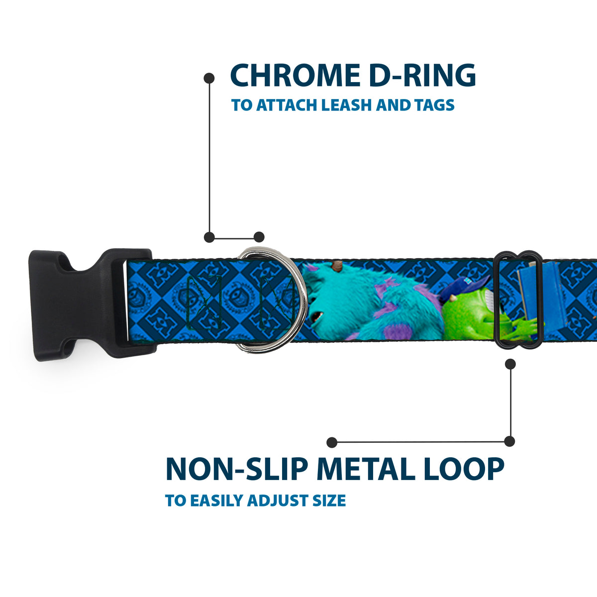 Plastic Clip Collar - Monsters University Sulley & Mike Poses/Checkers Blue Dog Collars Plastic Clip Side Release Disney