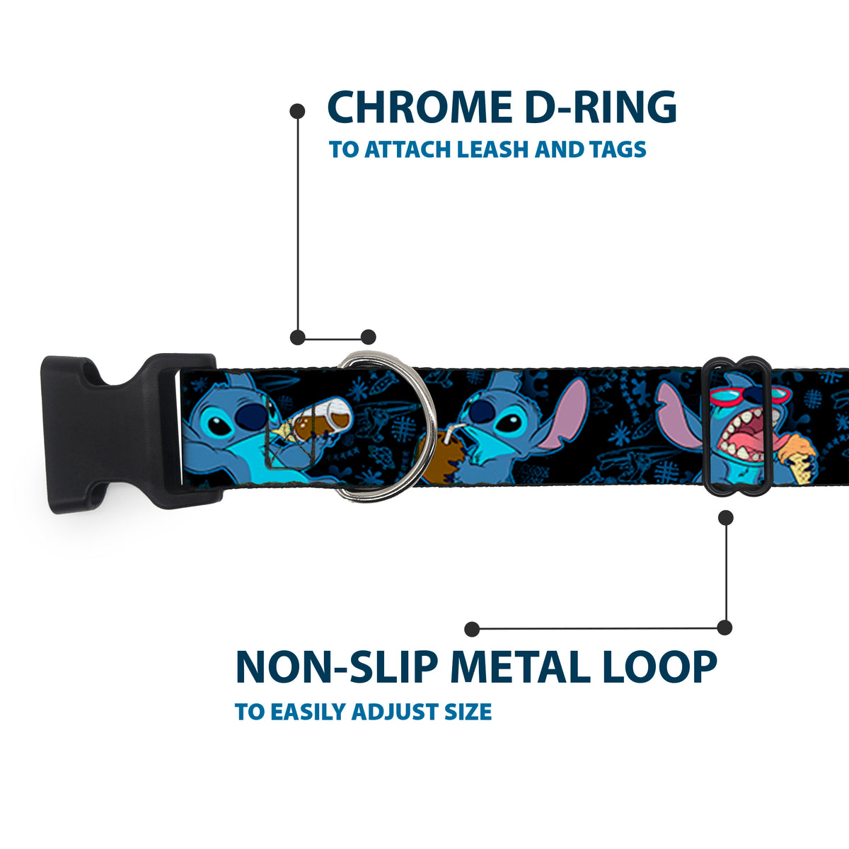 Plastic Clip Collar - Stitch Snacking Poses Black/Blue Dog Collars Plastic Clip Side Release Disney