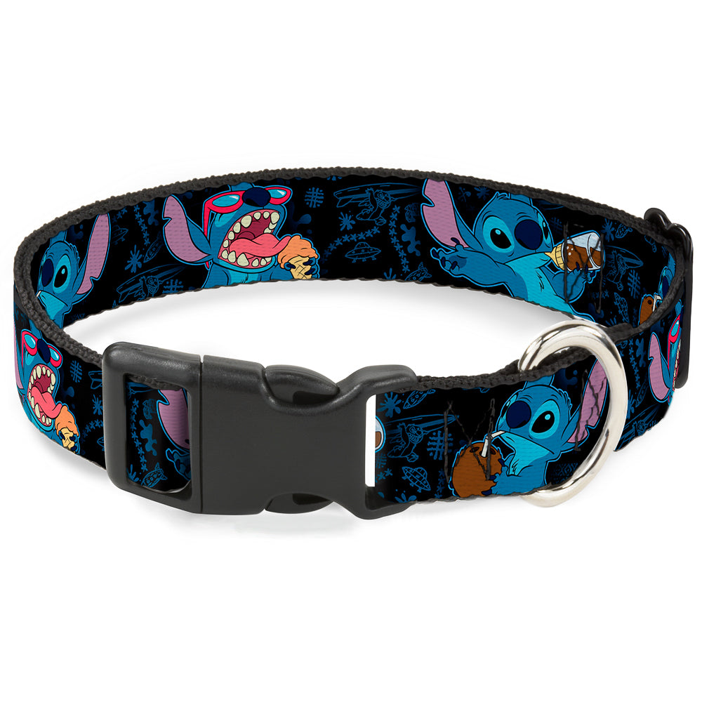 Plastic Clip Collar - Stitch Snacking Poses Black/Blue Dog Collars Plastic Clip Side Release Disney