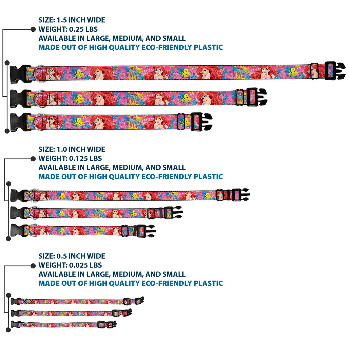 Plastic Clip Collar - Ariel/Flounder/Fish Trio Poses Pinks Dog Collars Plastic Clip Side Release Disney