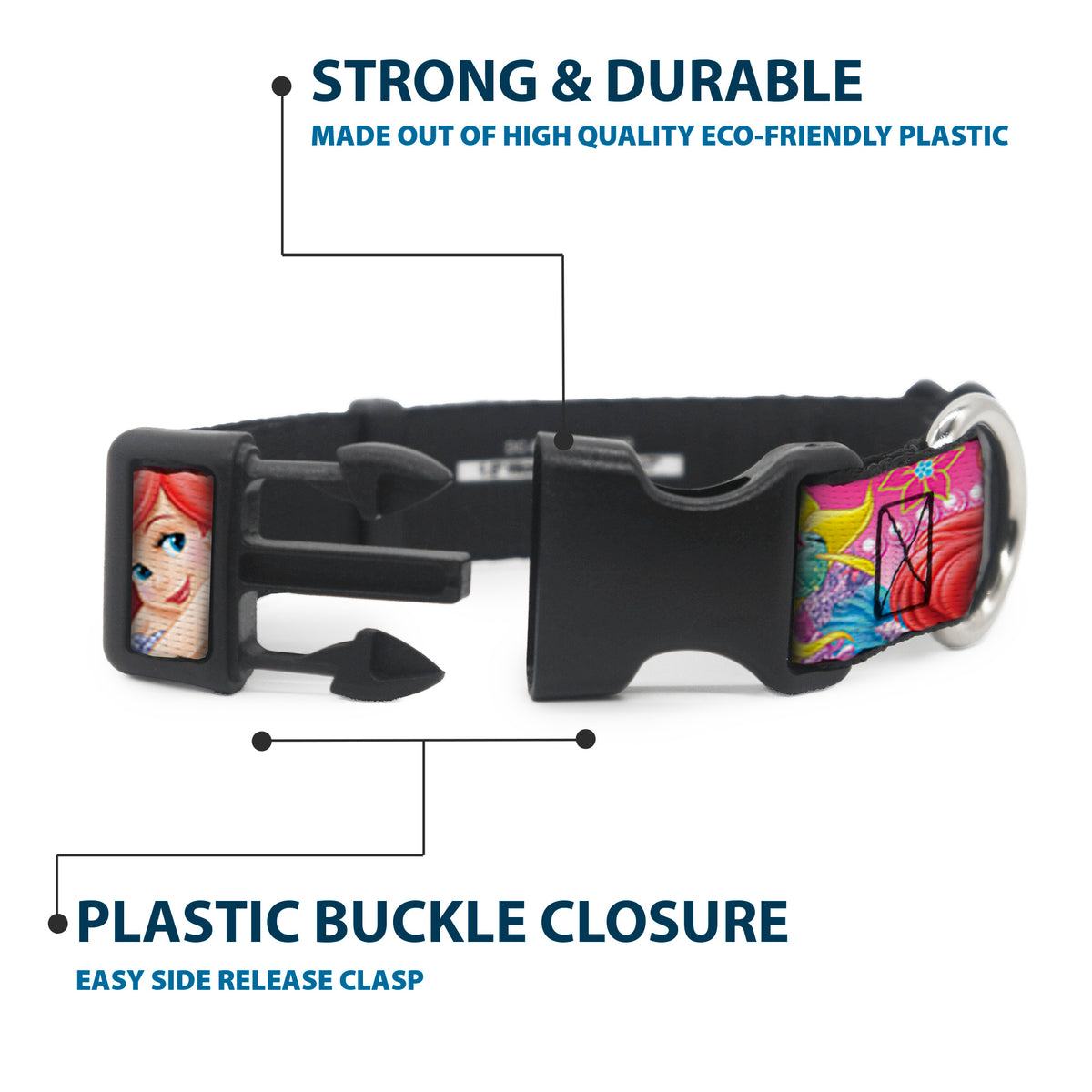 Plastic Clip Collar - Ariel/Flounder/Fish Trio Poses Pinks Dog Collars Plastic Clip Side Release Disney