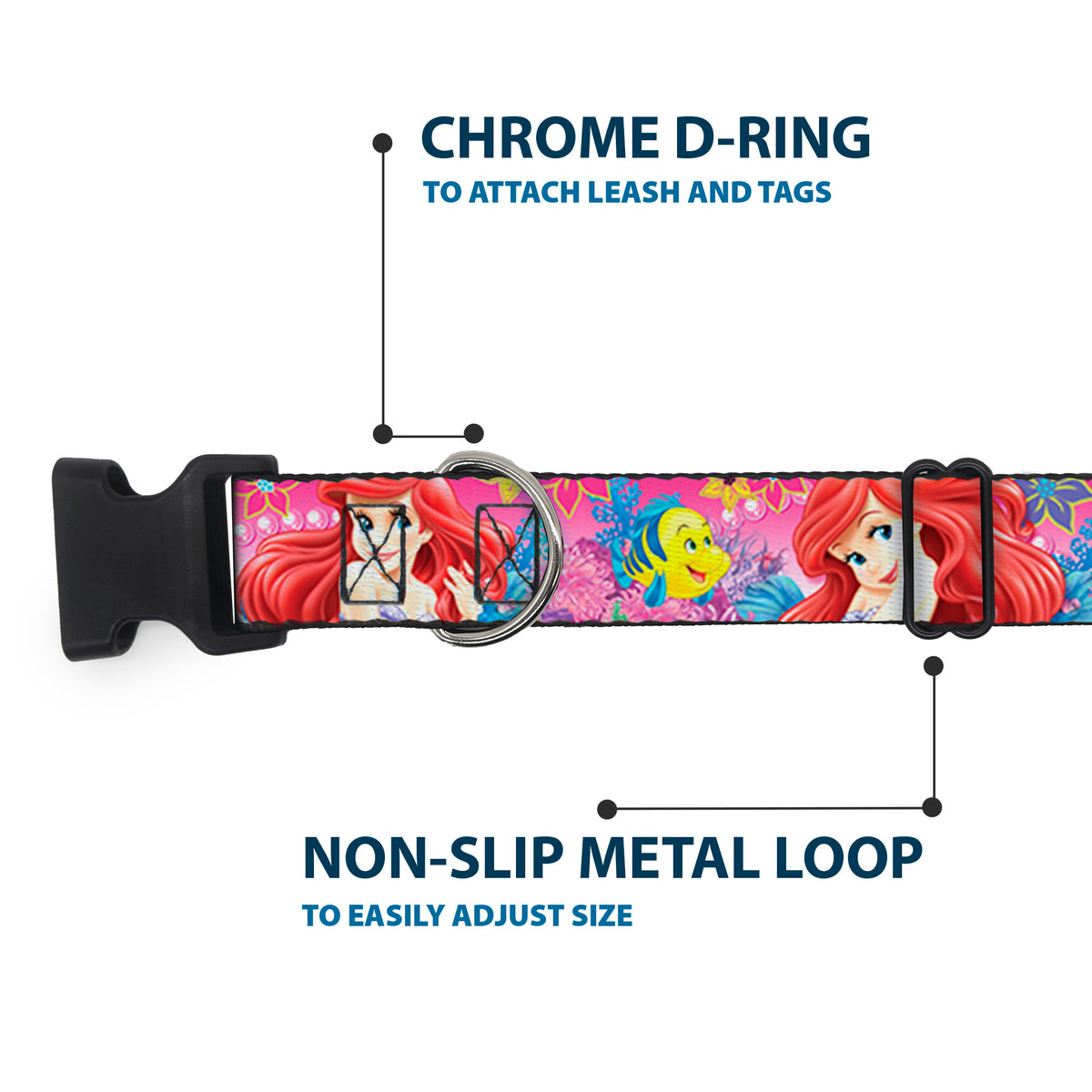 Plastic Clip Collar - Ariel/Flounder/Fish Trio Poses Pinks Dog Collars Plastic Clip Side Release Disney