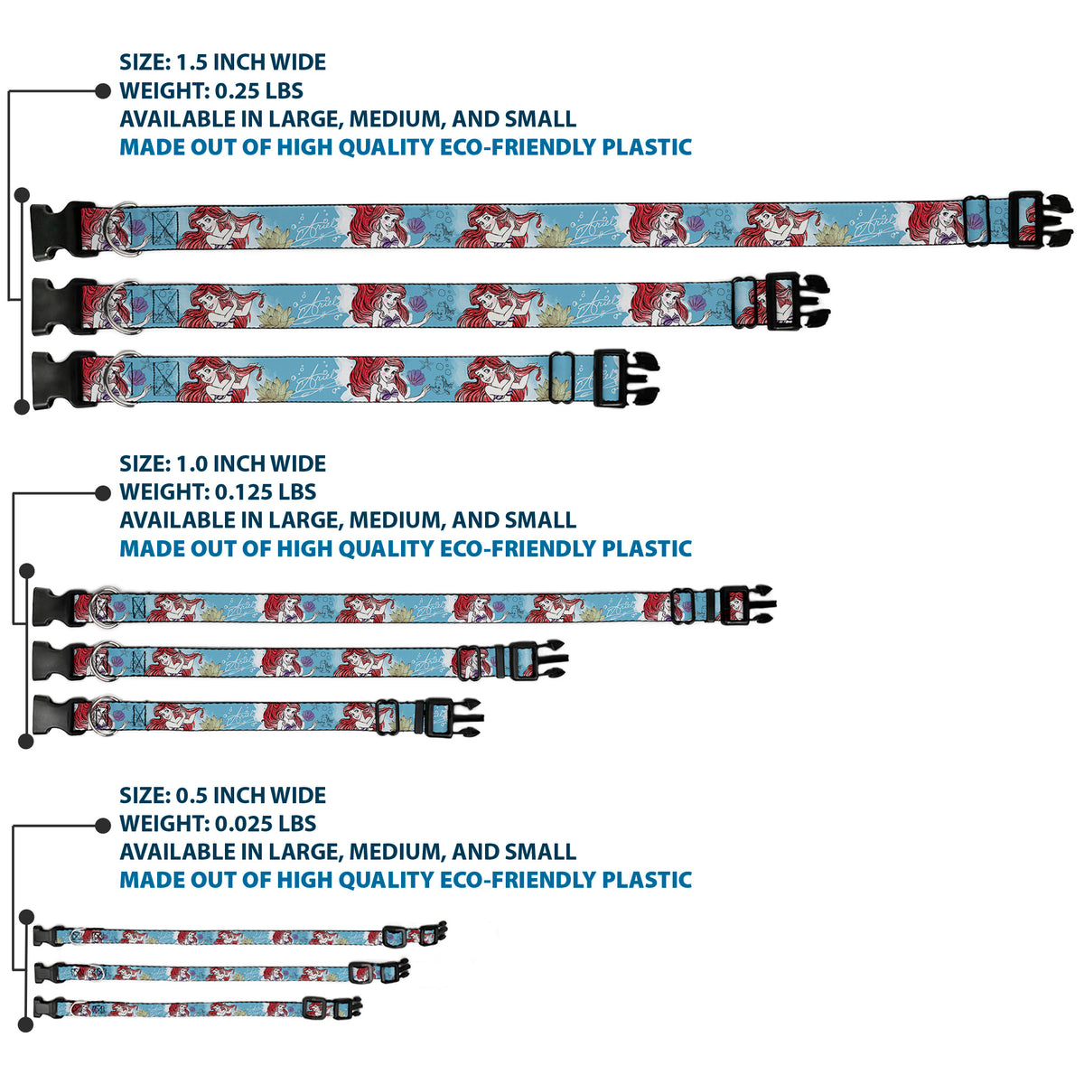 Plastic Clip Collar - ARIEL Sketch Poses Blues/Lavender Dog Collars Plastic Clip Side Release Disney