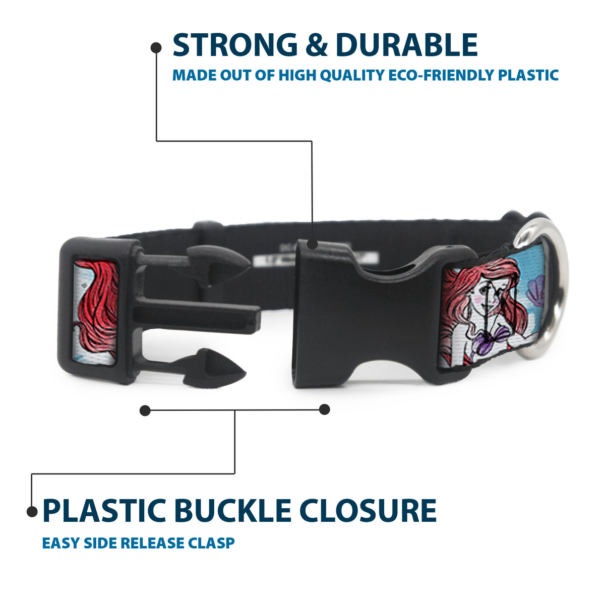 Plastic Clip Collar - ARIEL Sketch Poses Blues/Lavender Dog Collars Plastic Clip Side Release Disney