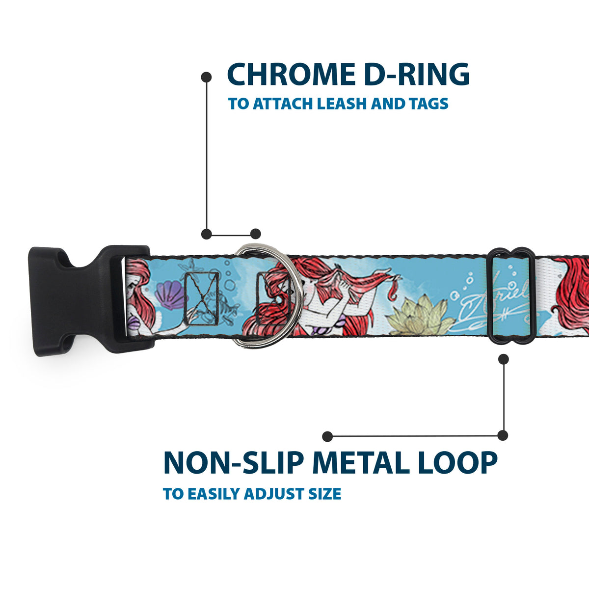 Plastic Clip Collar - ARIEL Sketch Poses Blues/Lavender Dog Collars Plastic Clip Side Release Disney