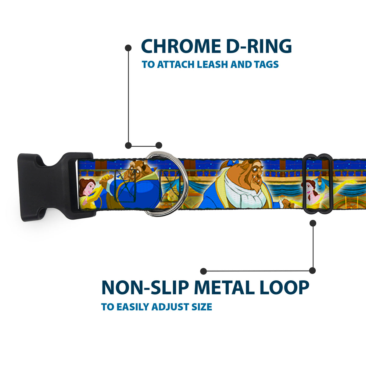 Plastic Clip Collar - Beast & Belle Ball Scene Poses Dog Collars Plastic Clip Side Release Disney