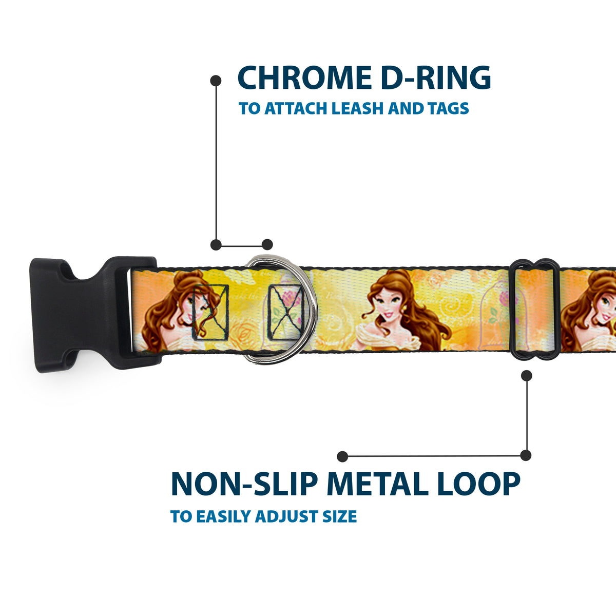 Plastic Clip Collar - Belle Poses/Enchanted Rose/Story Script Yellow/Pinks Dog Collars Plastic Clip Side Release Disney