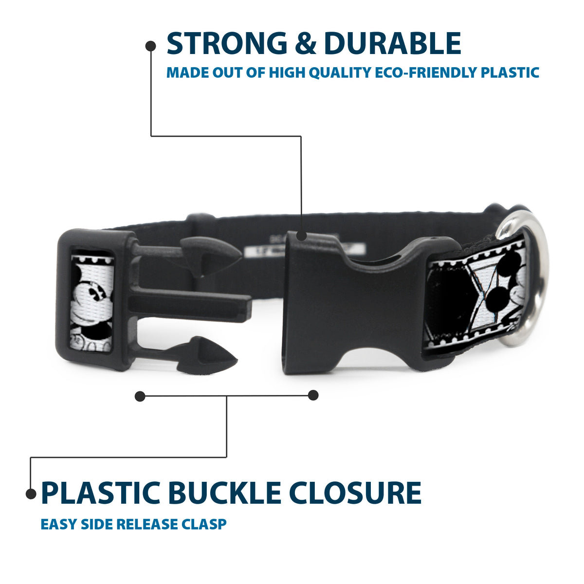 Plastic Clip Collar - Mickey Standing Pose Film Strip White/Black Dog Collars Plastic Clip Side Release Disney
