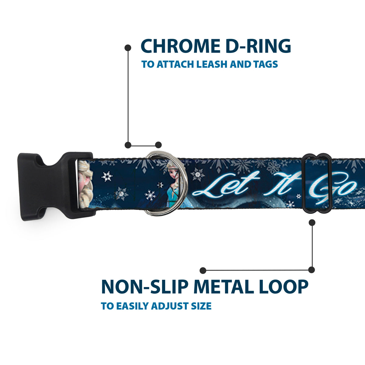 Plastic Clip Collar - Elsa the Snow Queen Poses/Snowflakes LET IT GO Blues/White Dog Collars Plastic Clip Side Release Disney