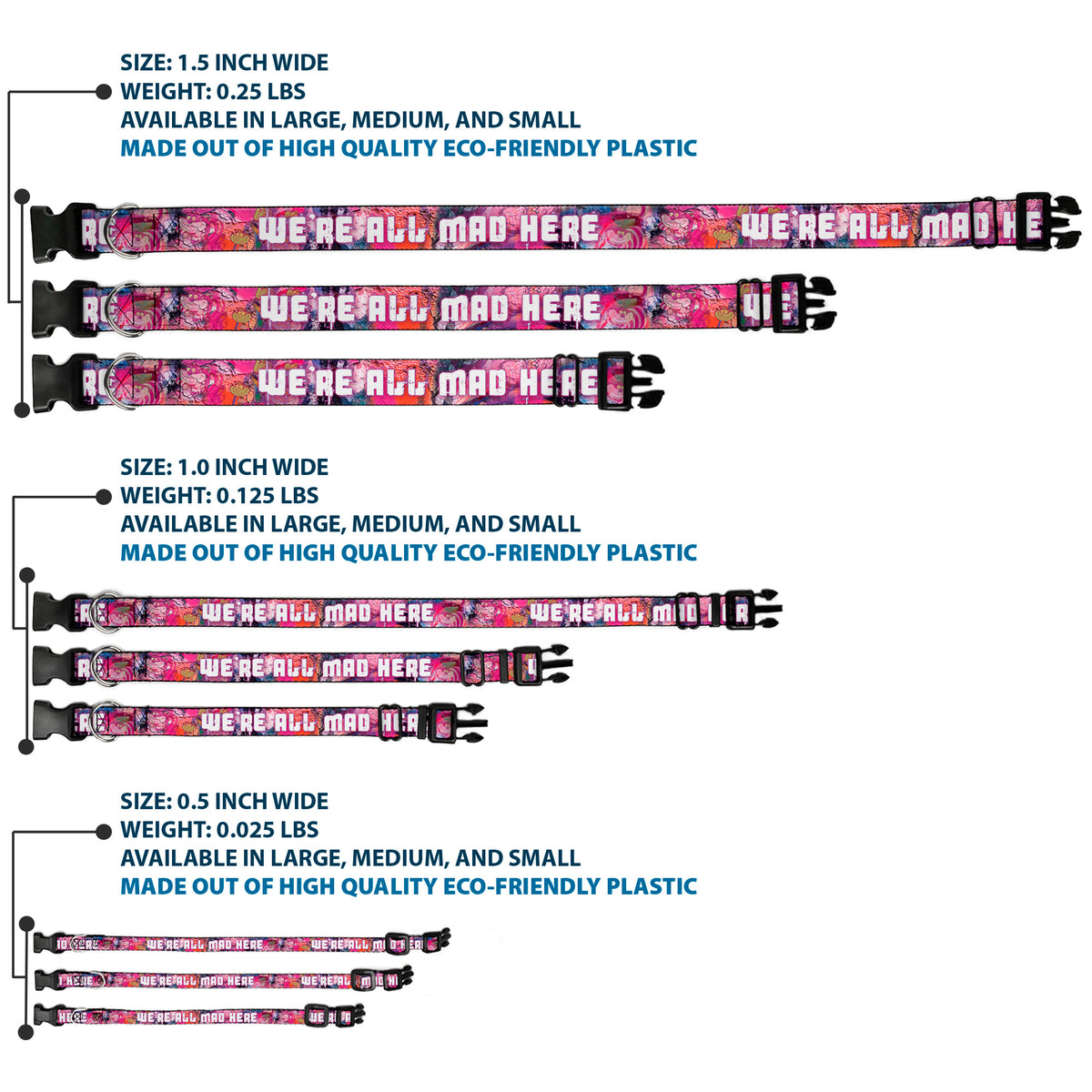 Plastic Clip Collar - Transparent Cheshire Cat Poses WE'RE ALL MAD HERE Dog Collars Plastic Clip Side Release Disney