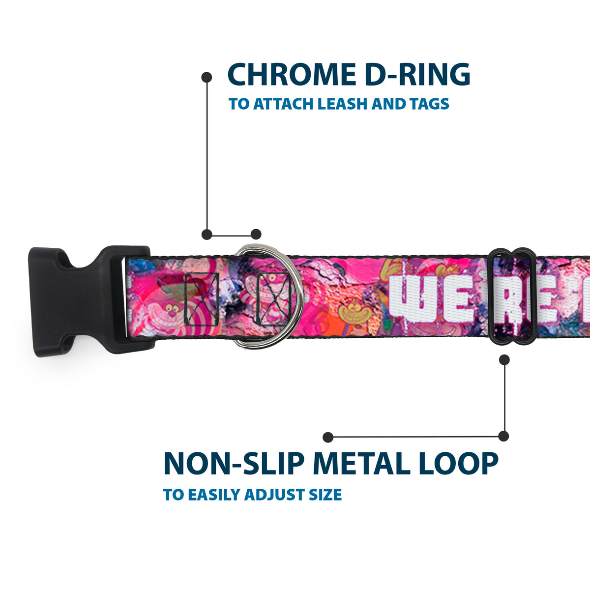 Plastic Clip Collar - Transparent Cheshire Cat Poses WE'RE ALL MAD HERE Dog Collars Plastic Clip Side Release Disney
