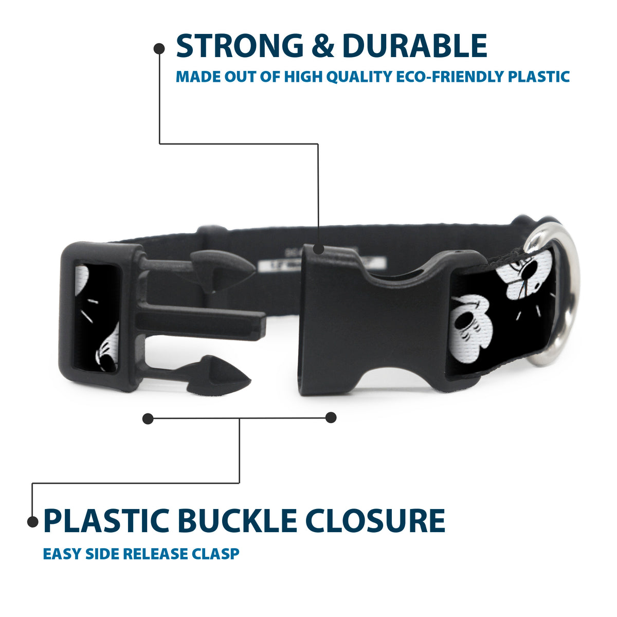 Plastic Clip Collar - Mickey Mouse Expressions Scattered Black/White Dog Collars Plastic Clip Side Release Disney