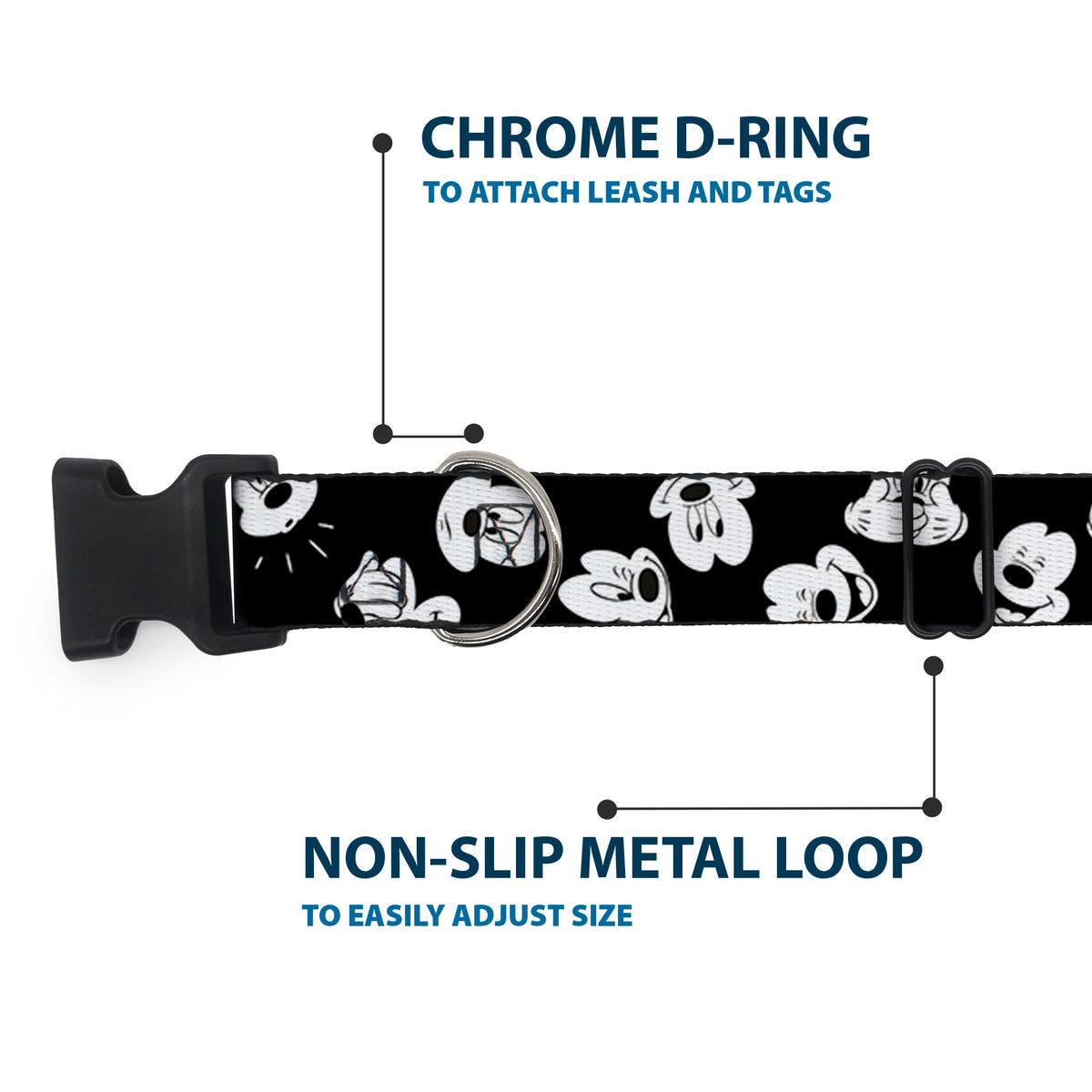Plastic Clip Collar - Mickey Mouse Expressions Scattered Black/White Dog Collars Plastic Clip Side Release Disney