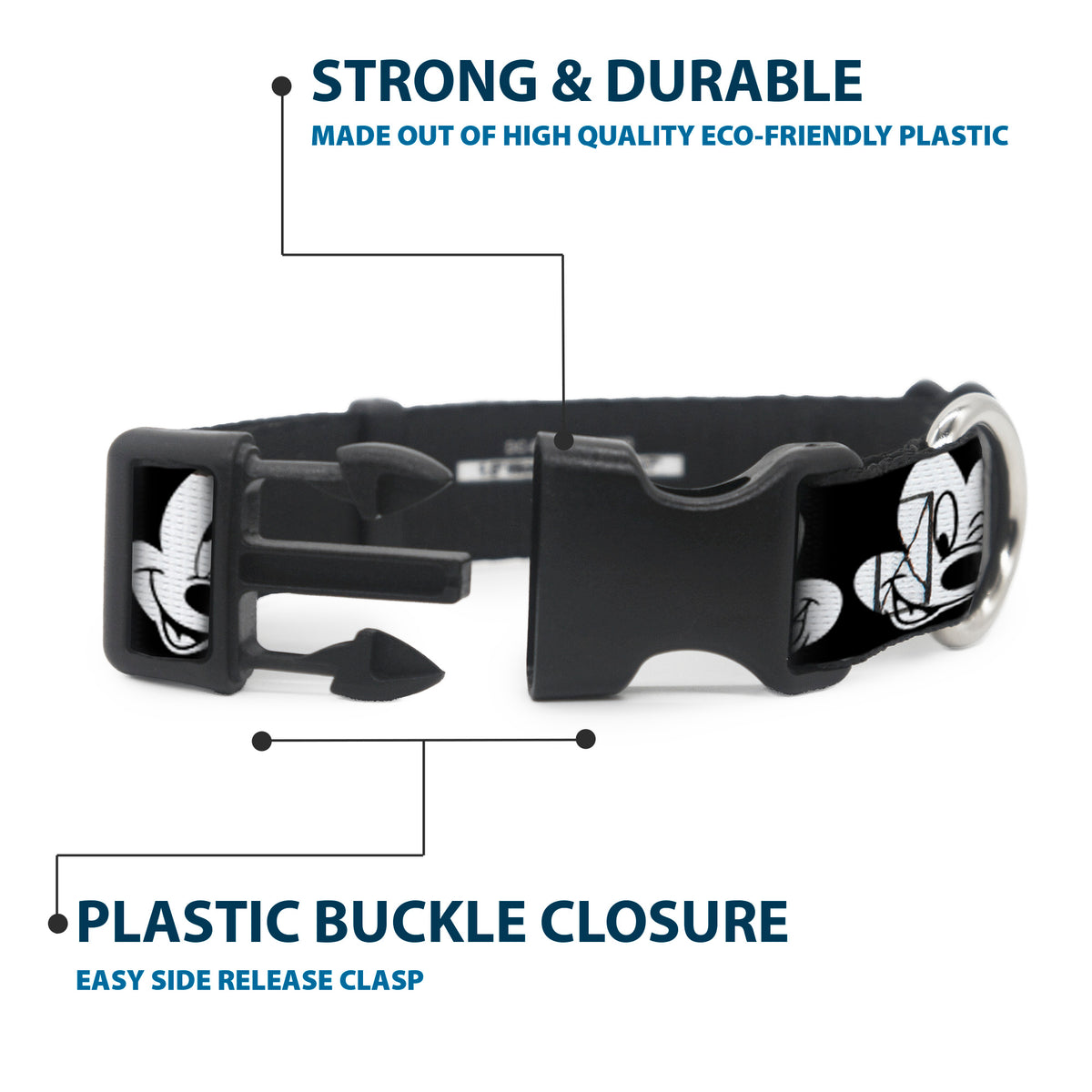 Plastic Clip Collar - Mickey Mouse Expressions CLOSE-UP Black/White Dog Collars Plastic Clip Side Release Disney