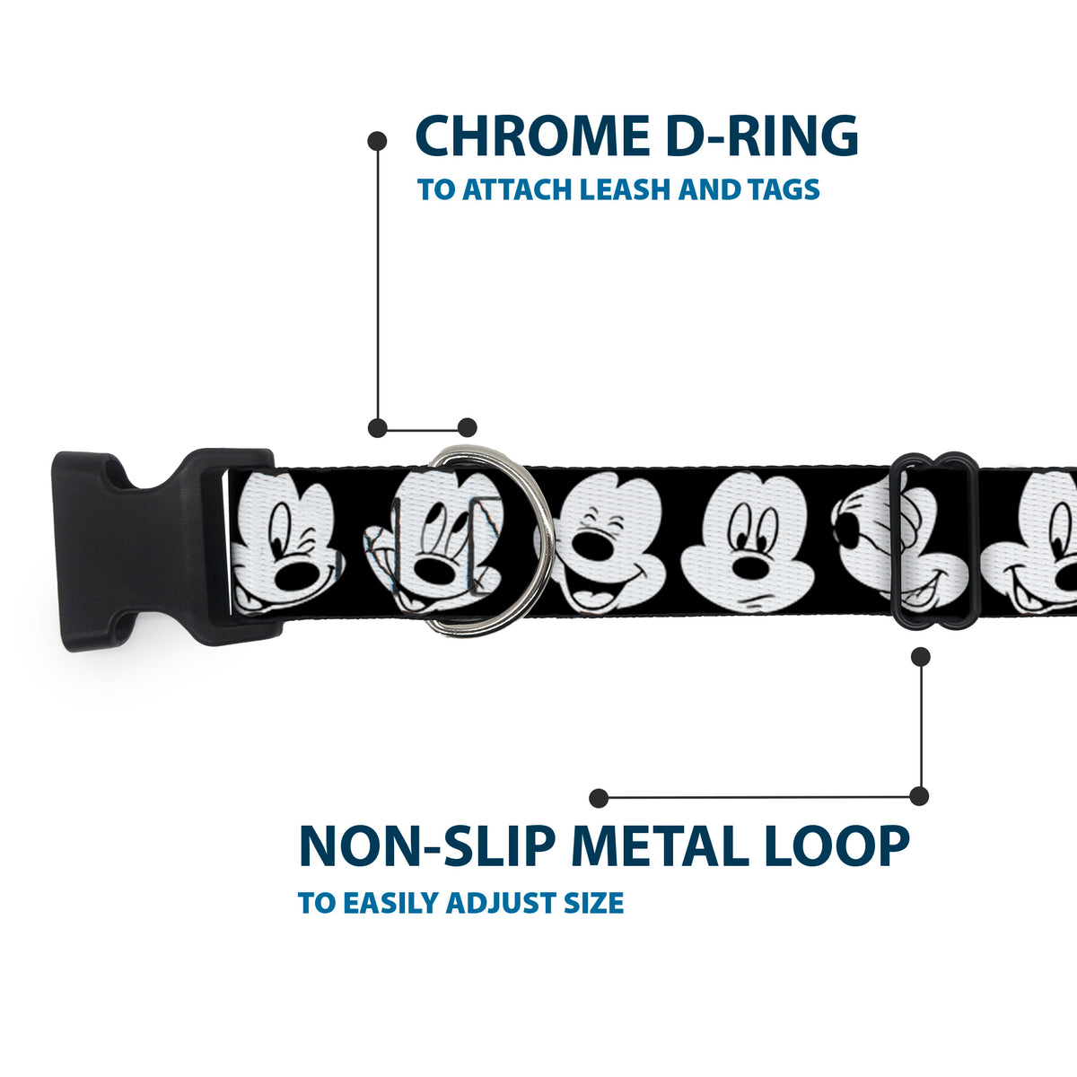 Plastic Clip Collar - Mickey Mouse Expressions CLOSE-UP Black/White Dog Collars Plastic Clip Side Release Disney