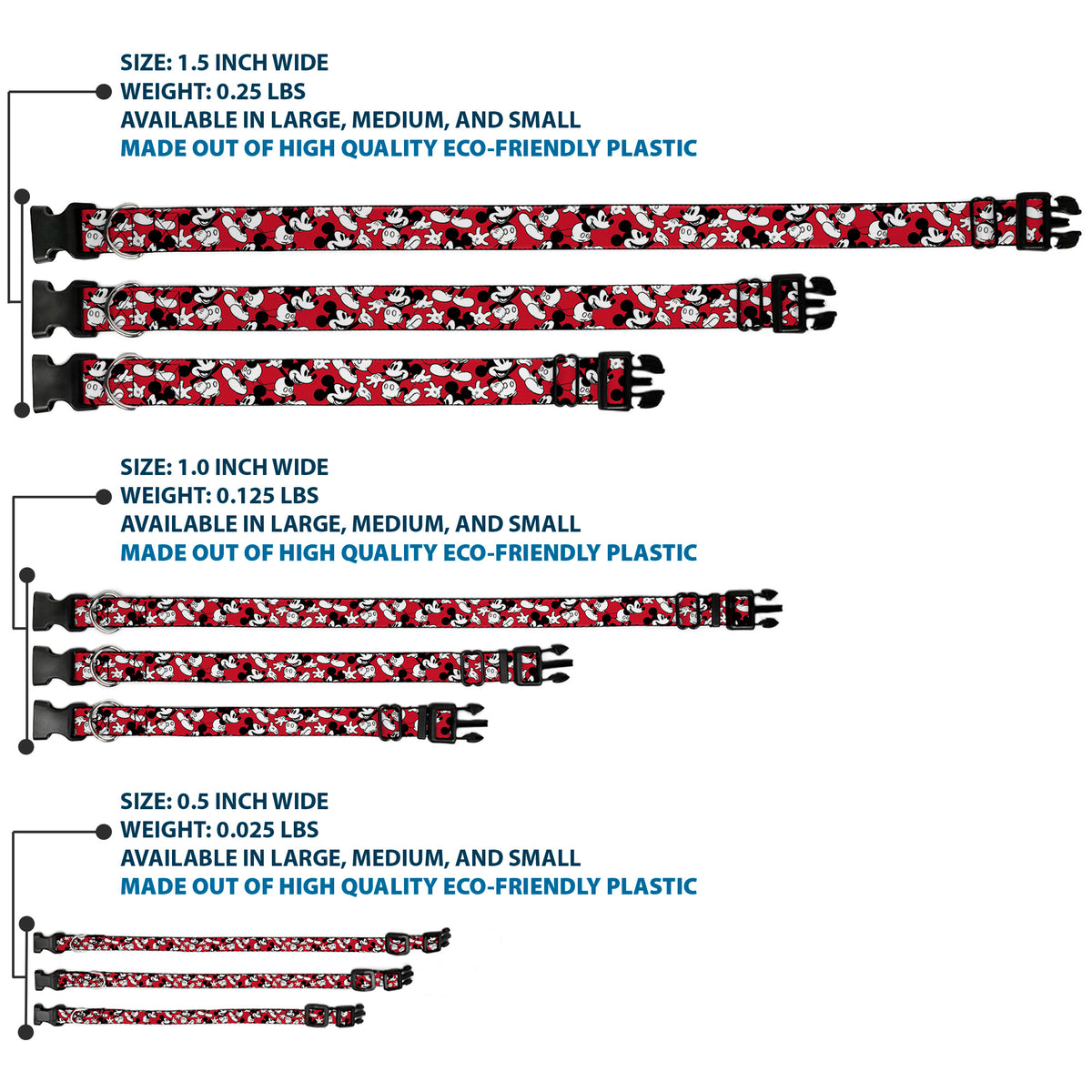 Plastic Clip Collar - Mickey Mouse Poses Scattered Red/Black/White Dog Collars Plastic Clip Side Release Disney