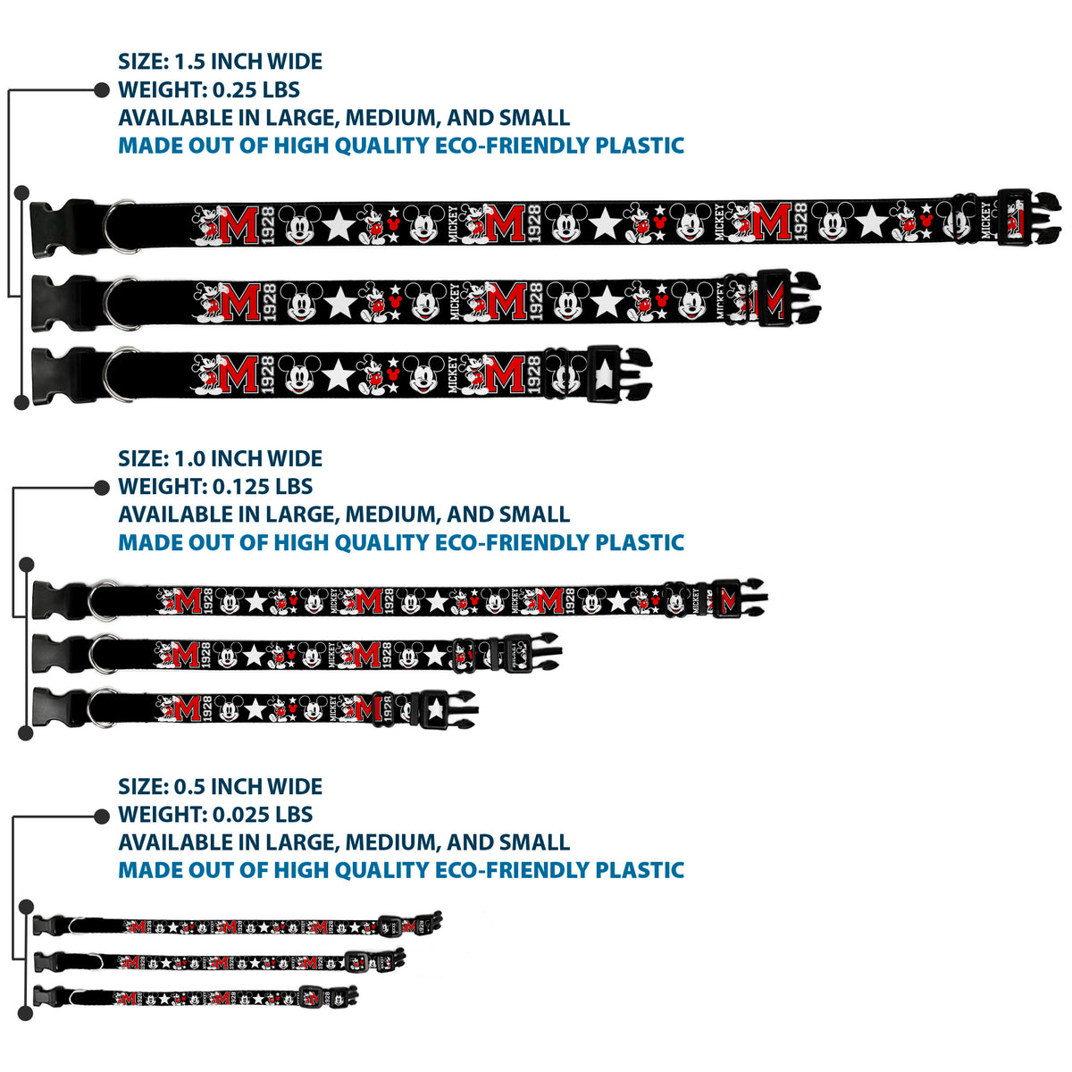 Plastic Clip Collar - Classic Mickey Mouse 1928 Collage Black/White/Red Dog Collars Plastic Clip Side Release Disney