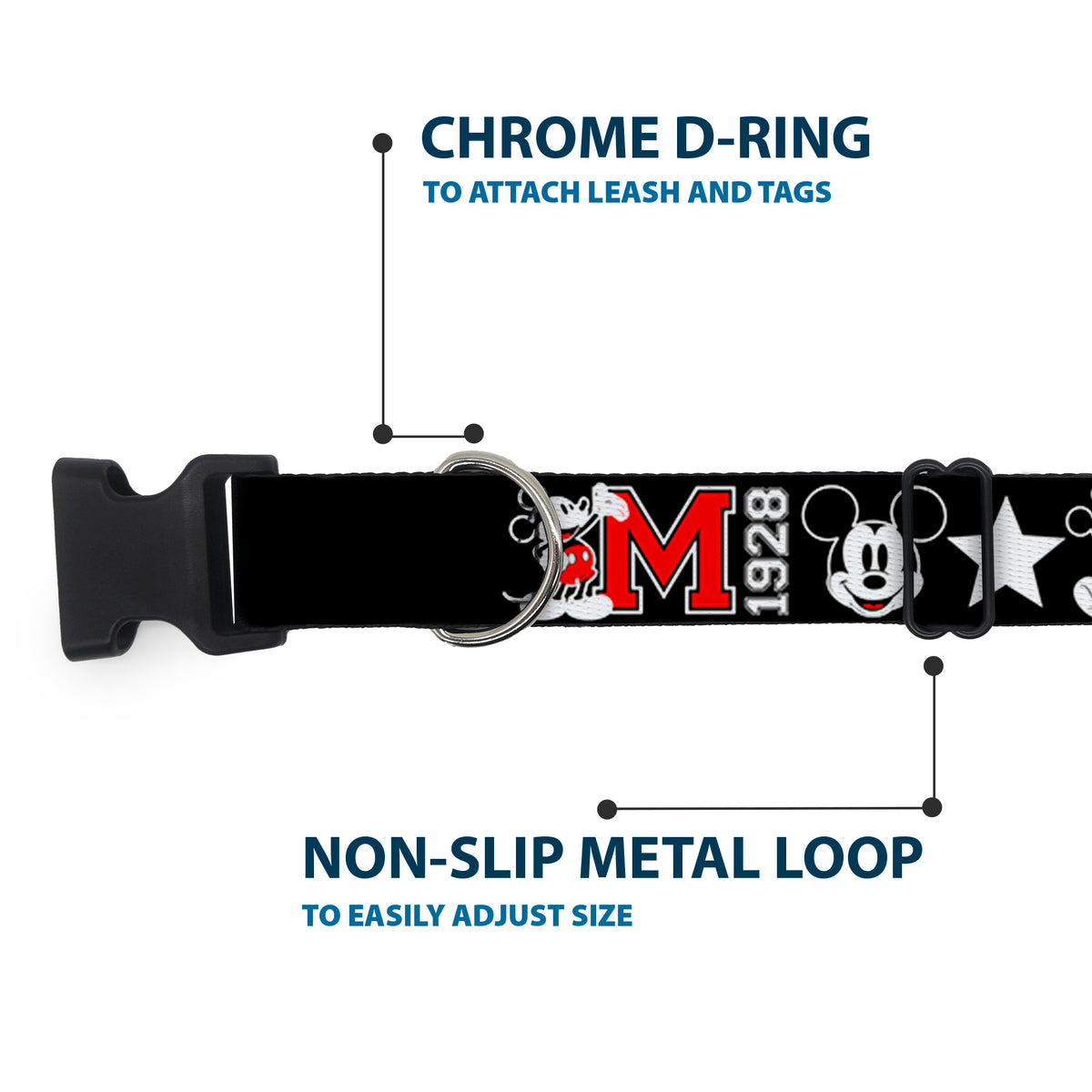 Plastic Clip Collar - Classic Mickey Mouse 1928 Collage Black/White/Red Dog Collars Plastic Clip Side Release Disney