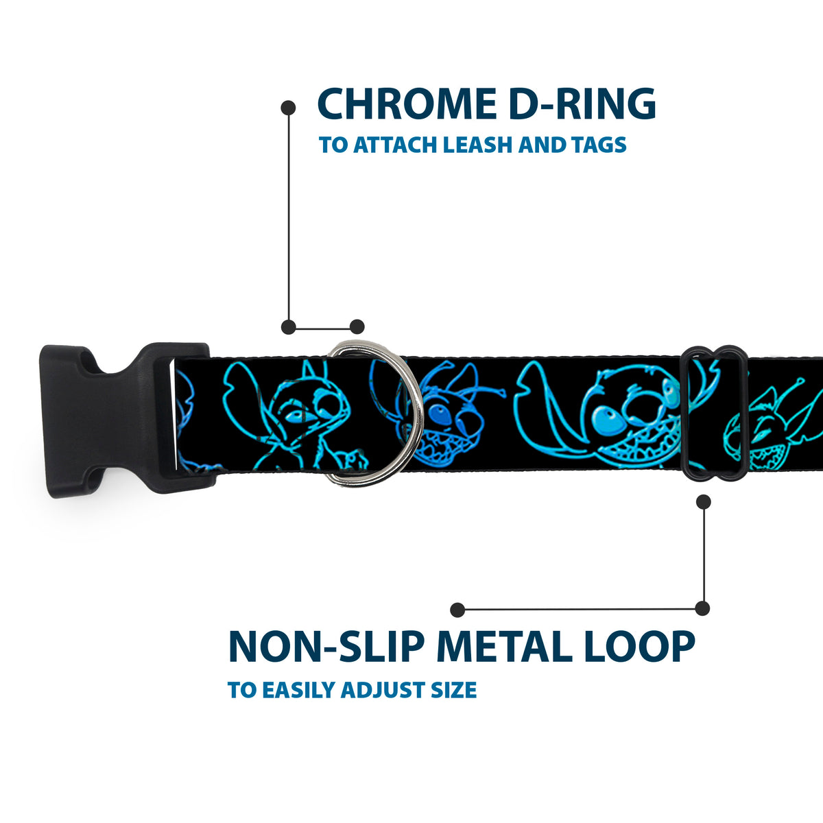 Plastic Clip Collar - Electric Stitch Poses Black/Neon Blue Dog Collars Plastic Clip Side Release Disney