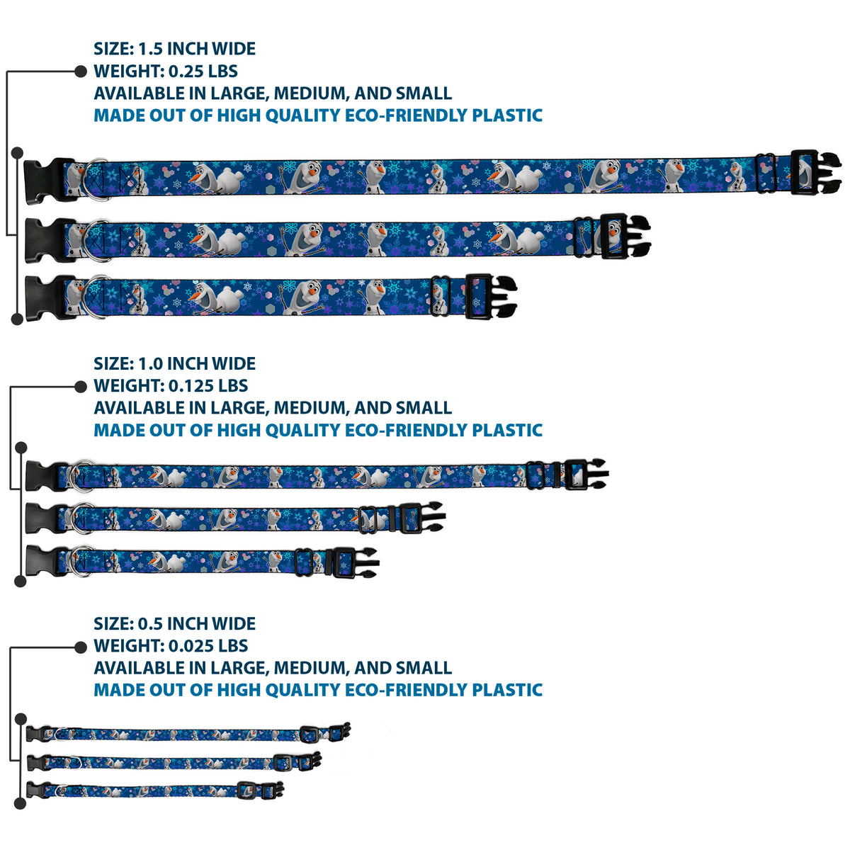 Plastic Clip Collar - Frozen Olaf Poses/Snowflakes Blues Dog Collars Plastic Clip Side Release Disney