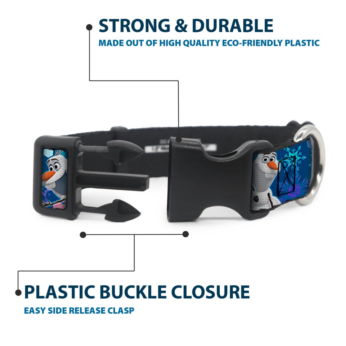 Plastic Clip Collar - Frozen Olaf Poses/Snowflakes Blues Dog Collars Plastic Clip Side Release Disney