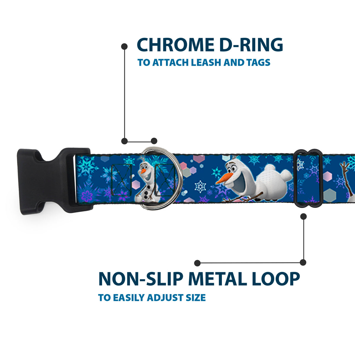Plastic Clip Collar - Frozen Olaf Poses/Snowflakes Blues Dog Collars Plastic Clip Side Release Disney