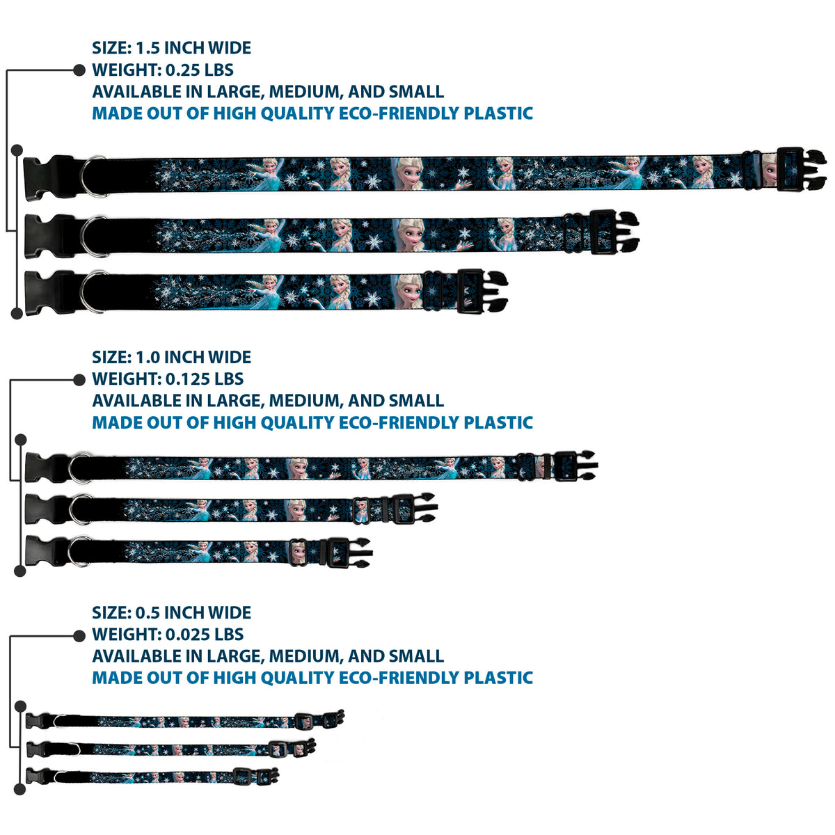 Plastic Clip Collar - Elsa the Snow Queen Poses PERFECT AND POWERFUL Blues/White Dog Collars Plastic Clip Side Release Disney