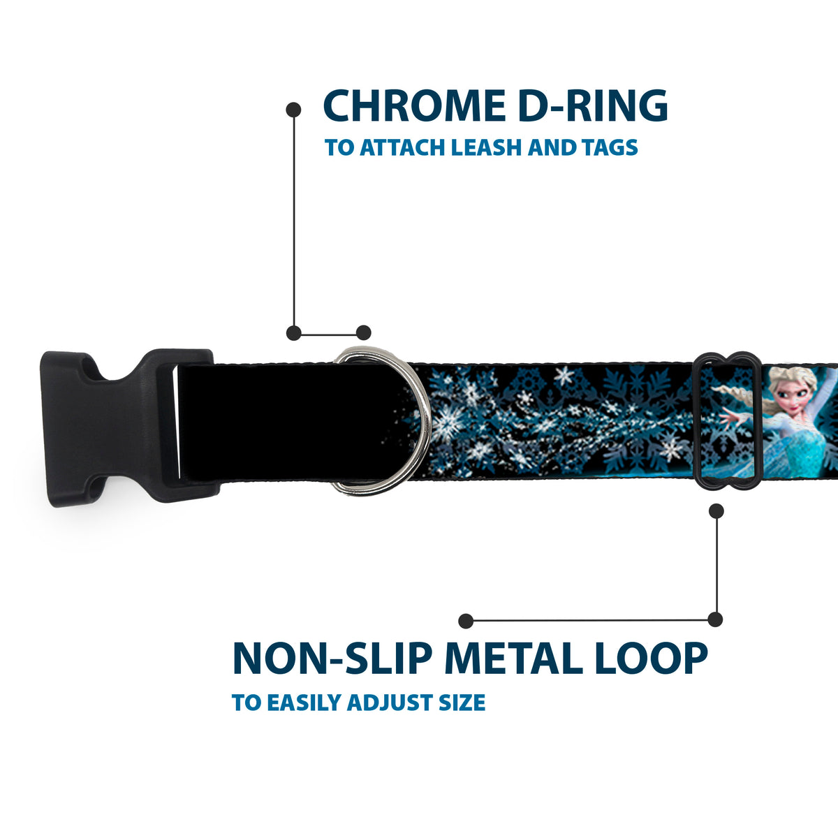 Plastic Clip Collar - Elsa the Snow Queen Poses PERFECT AND POWERFUL Blues/White Dog Collars Plastic Clip Side Release Disney