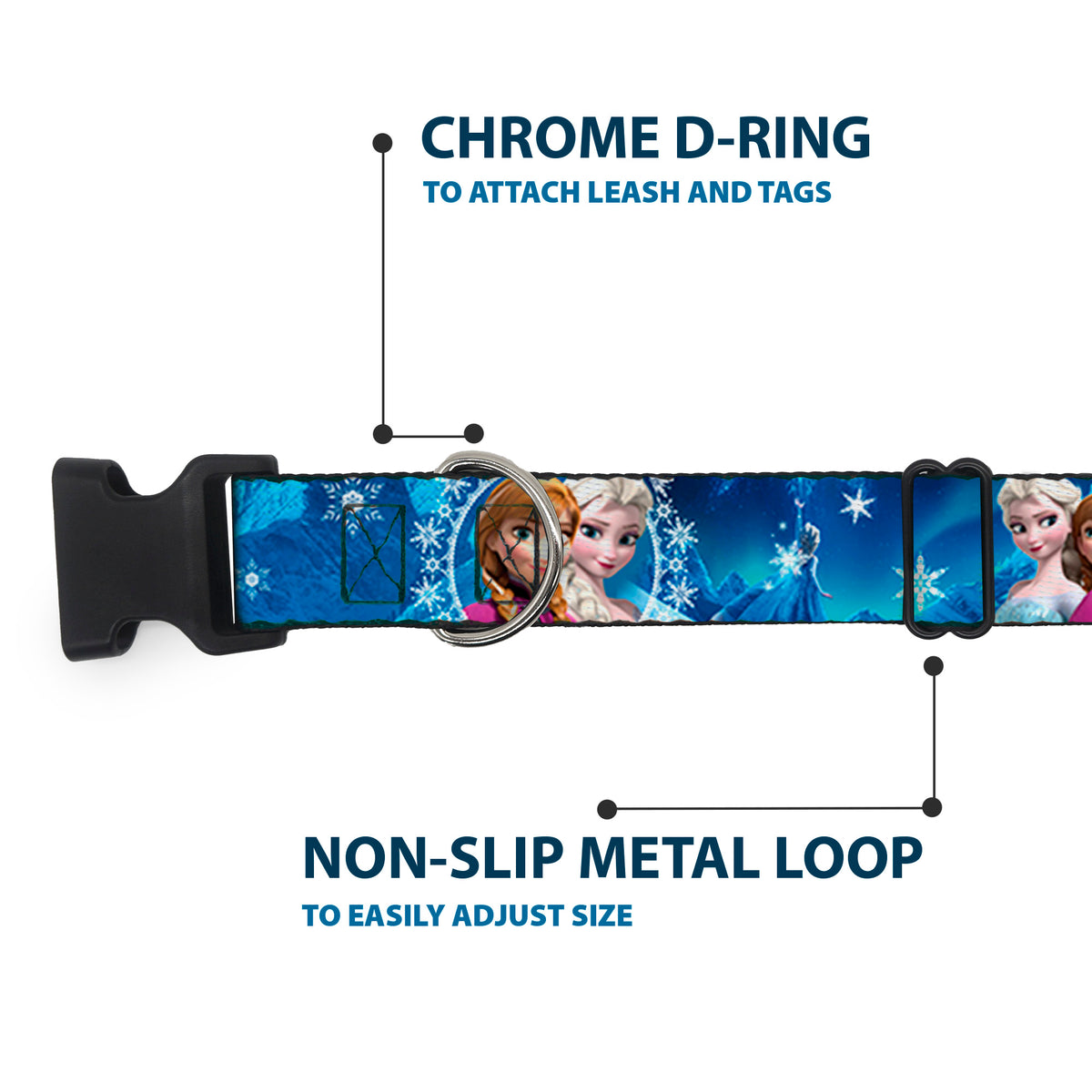 Plastic Clip Collar - Anna & Elsa Poses/Castle & Mountains Blues Dog Collars Plastic Clip Side Release Disney