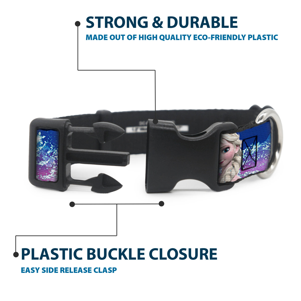 Plastic Clip Collar - Elsa the Snow Queen Poses/Castle & Snowy Mountains Blue-Pink Fade Dog Collars Plastic Clip Side Release Disney