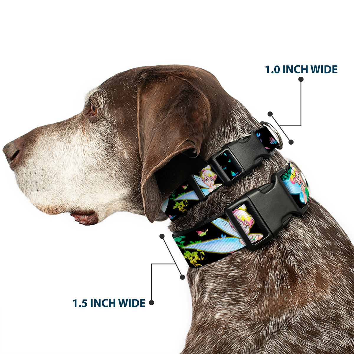 Plastic Clip Collar - Glowing Tinker Bell Poses/Butterflies & Flowers Black/Multi Neon Dog Collars Plastic Clip Side Release Disney